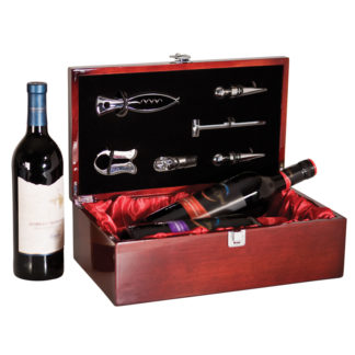 Rosewood two wine bottle display case with tools