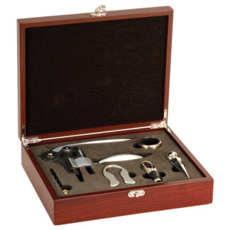 Wine opening tool set in display case