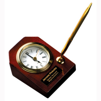 Rosewood finish desk clock with pen