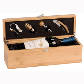 Bamboo single wine bottle display case with tools